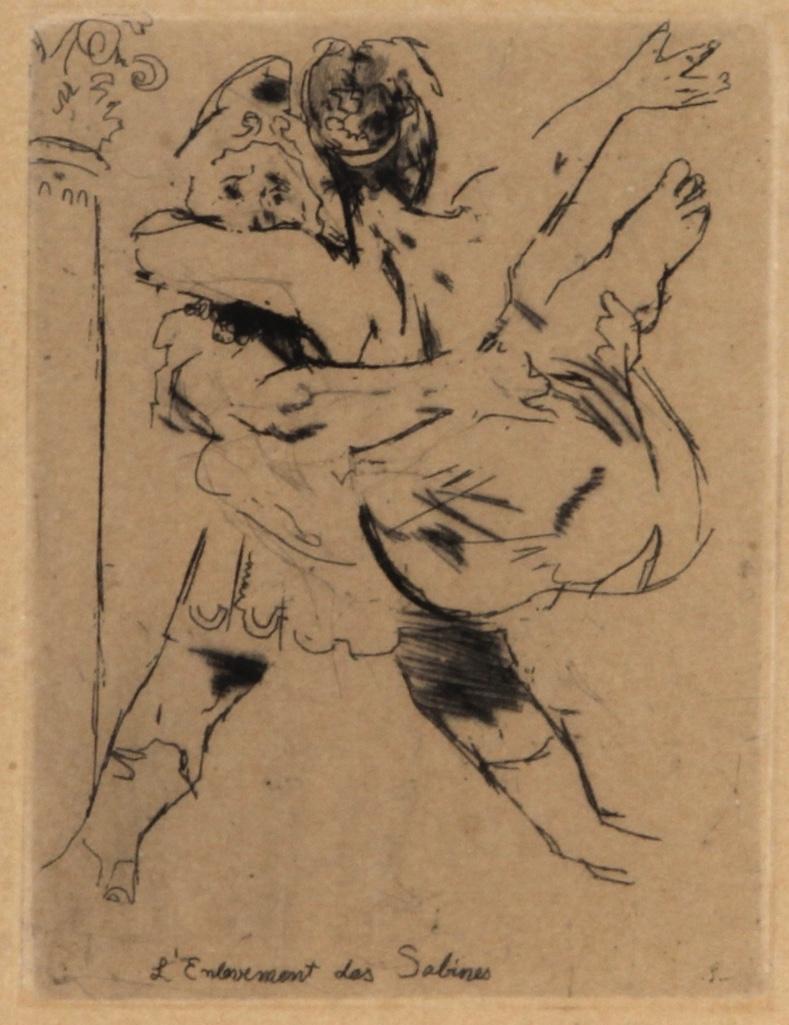 Jack Levine (American, 1915-2010) Signed and Numbered Print "L'Entertainment des Sabines": Framed, under glass. Numbered 247/250 on lower left. Signed J Levine lower right. Titled "L'Entertainment des Sabines" lower right. Frame: 16 x 13 inches Sight: 3 1/2 x 2 3/4 inches Condi