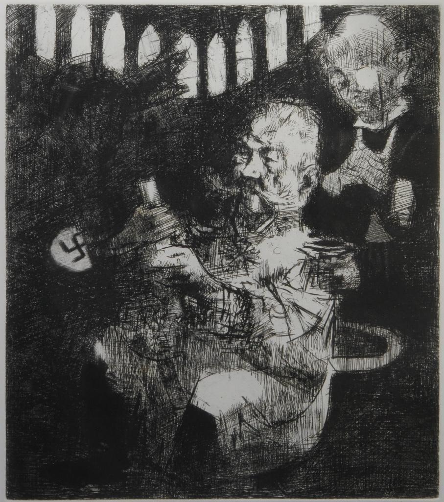 Jack Levine (American, 1915-2010) Etching The end of the Weimar republic: Framed, under glass. Numbered lower left. Signed J Levine lower right. Title: The end of the Weimar republic Frame: 32 3/4 x 26 1/2 inches Sight: 17 x 14 1/4 inches Condition: Good Artist Biog