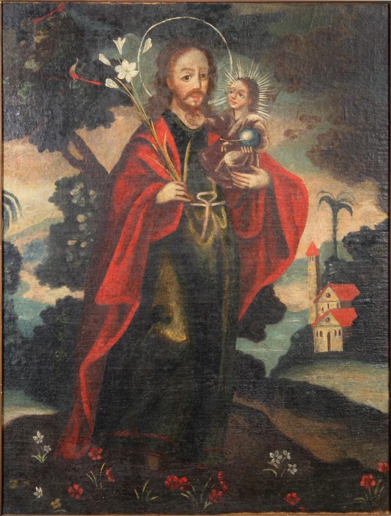 Cuzco School 18th C. Oil on Canvas St. Joseph with Christ Child (1 of 3)