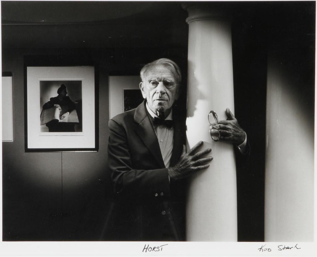 Koo Stark (American, 1956-) Portrait of Horst P. Horst: Black and white portrait photograph of photographer Horst P. Horst, official 80th birthday image. Frame: 17 1/4 x 23 1/4 inches Sight: 10 1/4 x 13 1/4 inches Condition: Good. Provenance: Koo Stark