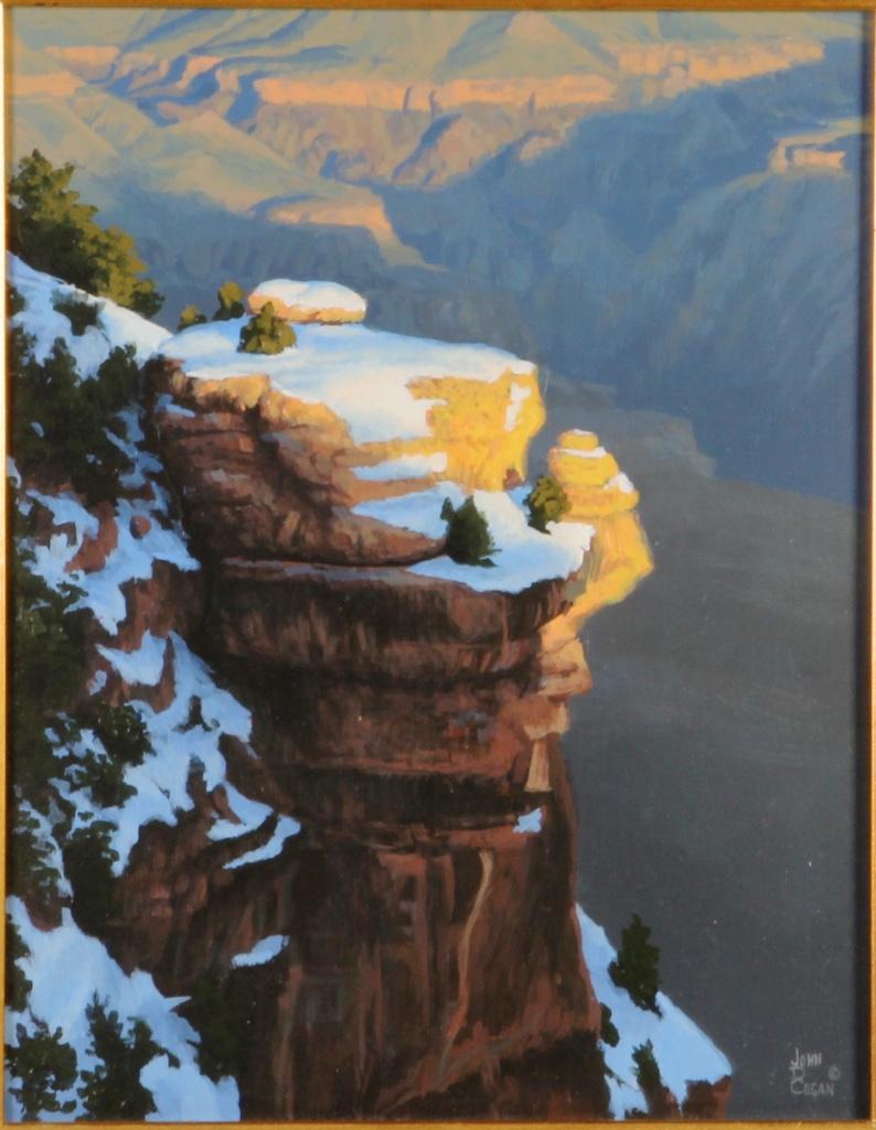 John Dennis Cogan (American b. 1953) Oil on Canvas "Pillar on the South Rim": Framed. Signed lower right. Including bill of sale and certificate of title. Provenance: El Prado Galleries, Sedona, Arizona. Frame: 18 x 16 inches Sight: 7 1/2 x 9 3/4 inches Condition: Good