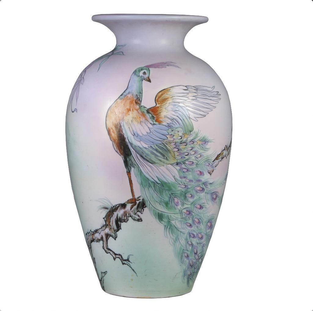 Early 20th C. Large Weller Dorothy England Floor Vase: Large 20th C. Weller Pottery ceramic floor vase, standing 24 inches tall. With painted peacock landed on branch, against pale green and purple field, with purple flowers rimming vase neck. Hand incise