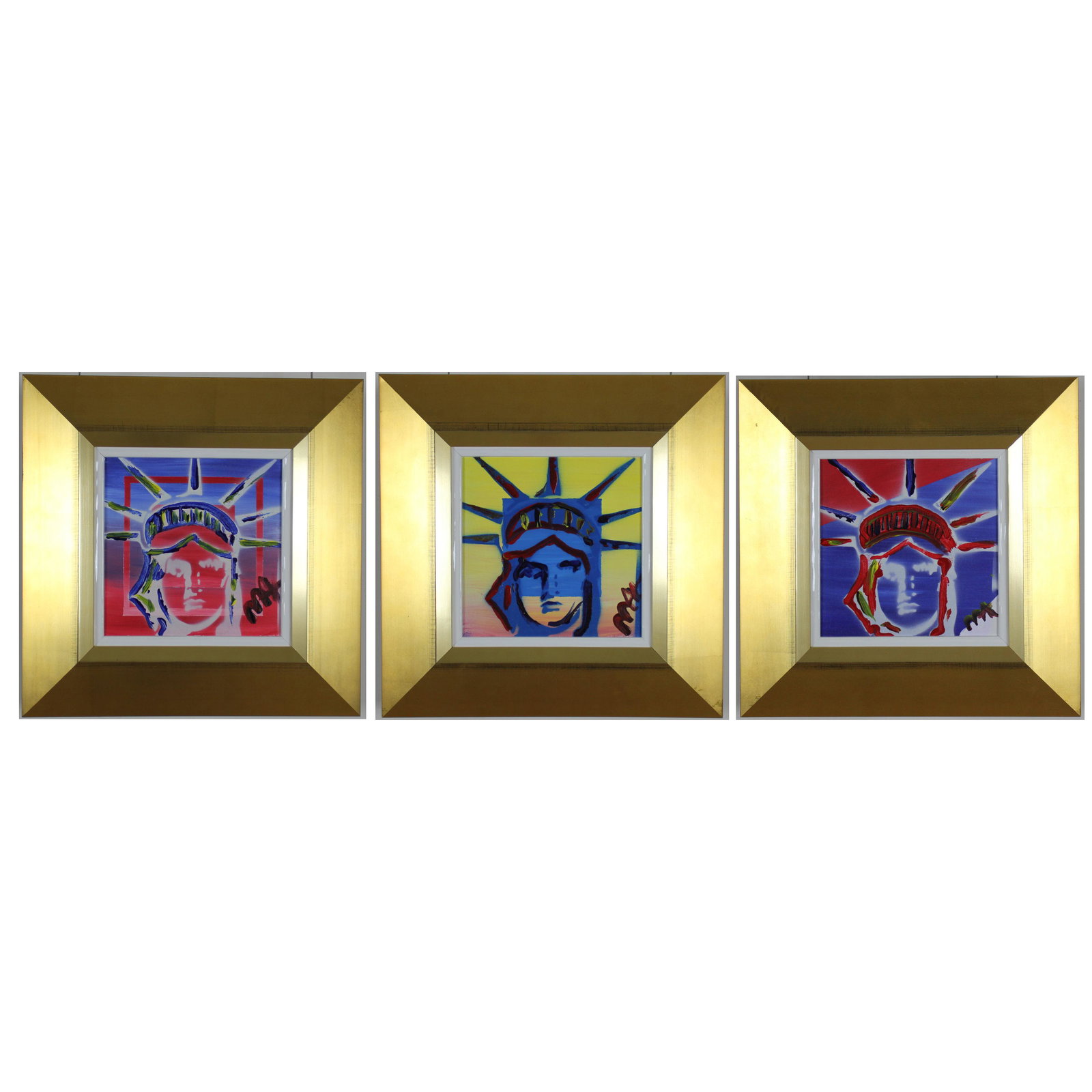 Peter Max - "Liberty Head IV - Set of three (3)": Peter Max - Original Acrylic on Canvas - "Liberty Head IV - Set of 3." Each canvas original measures 8 x 8. Each piece framed measures 15 x 15. The magnificent set includes the Original Art Certificat