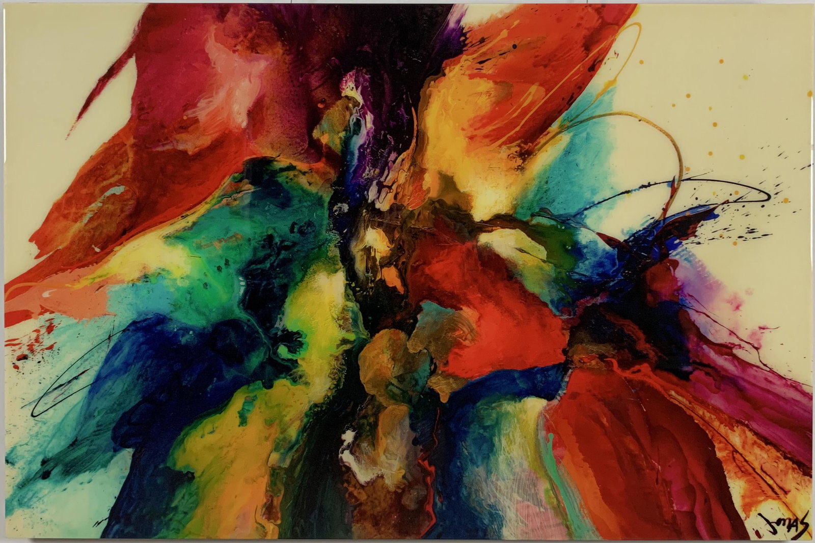 Jonas Girard - Flourish III - Screenprint mounted to hardpanel coated in resin: Flourish III by Jonas Girard is an open edition screenprint mounted to wood and coated in resin. It is a magnificent abhstract painting by Jonas. Like most Jonas pieces. this piece features an Intense