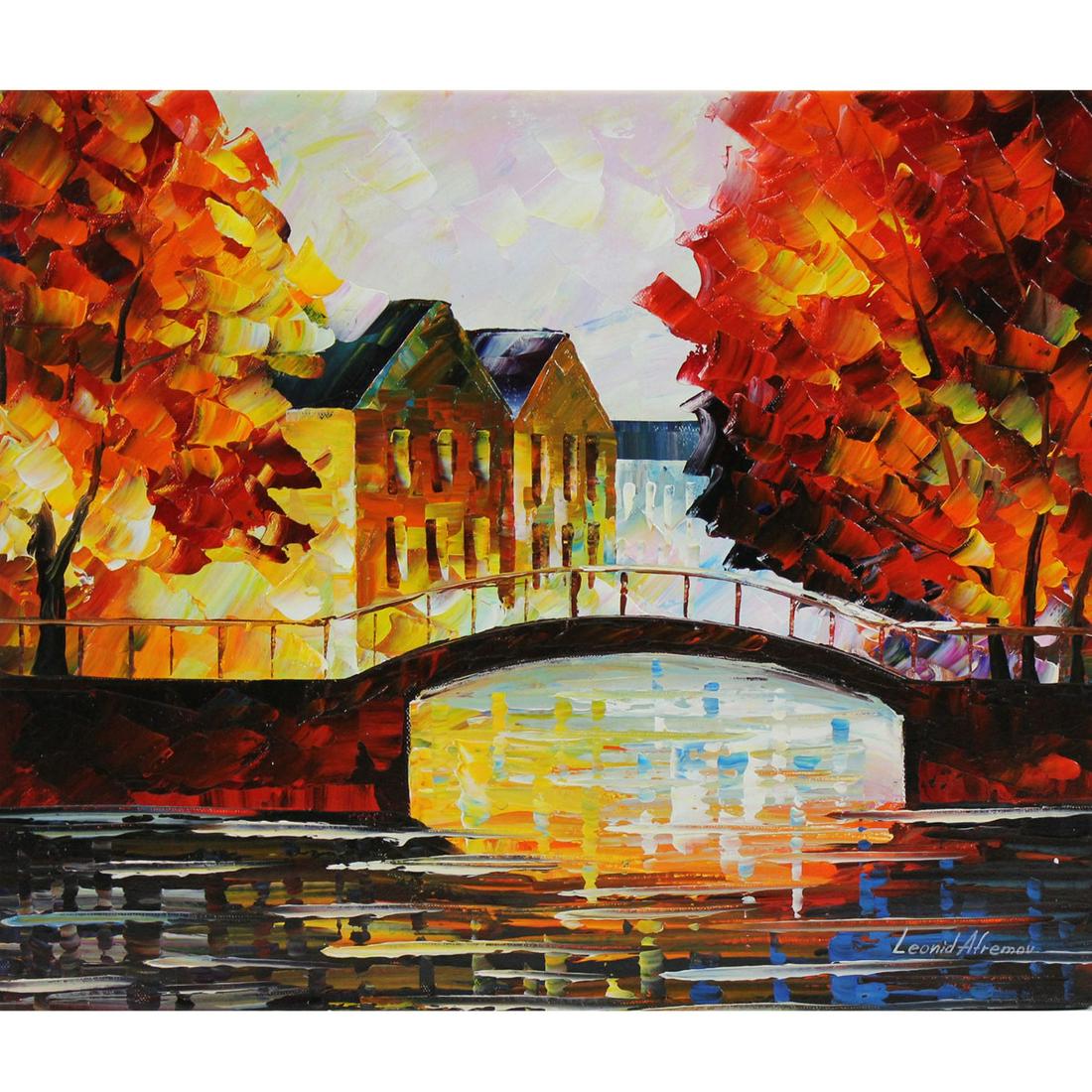 Leonid Afremovs - "Close Bridge" - Original Oil on Canvas: Close Bridge is an Original Oil Painting by Leonid Afremov. The painting will come gallery wrapped and measures 24 x 20. Leonid Afremovâ€™s masterful use of a palate knife and vibrant