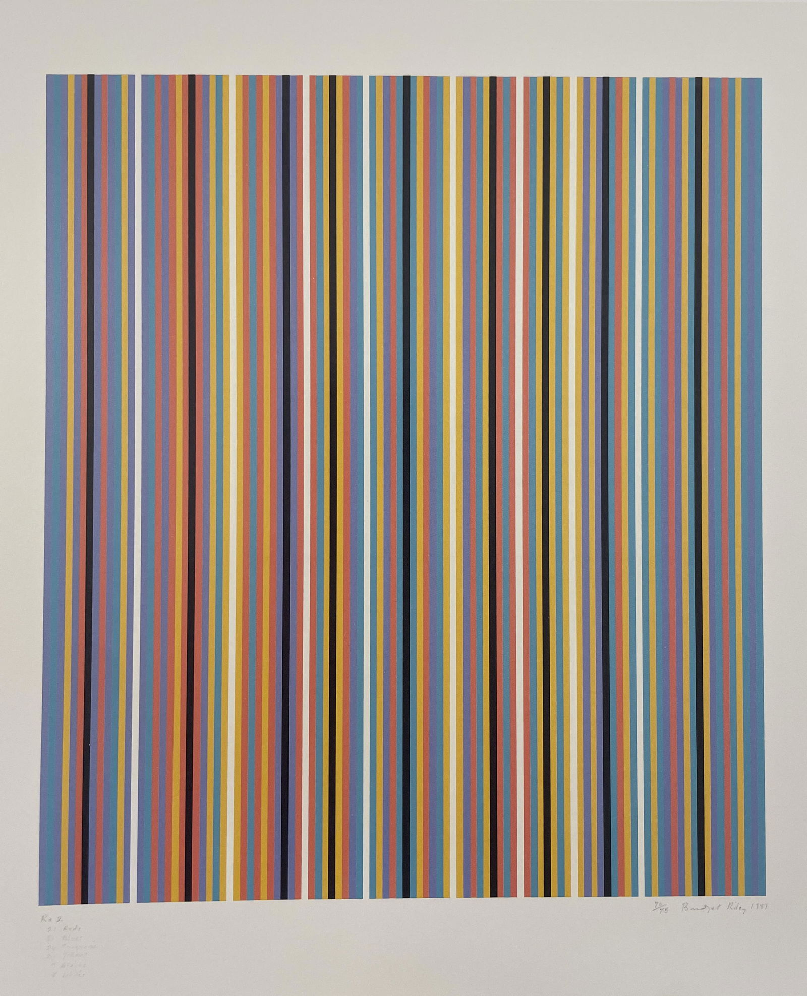 Bridget Riley - Ra 2, 1981: BRIDGET RILEY (B. 1931) Ra 2, 1981 - 21 Reds, 21 Blues, 24 Turquoises, 24 Yellows, 9 Blacks, 8 Whites Signed and Dated in the plate Print in Colors 8" x 9" Mounted to Archival Quality Paper. Verso is