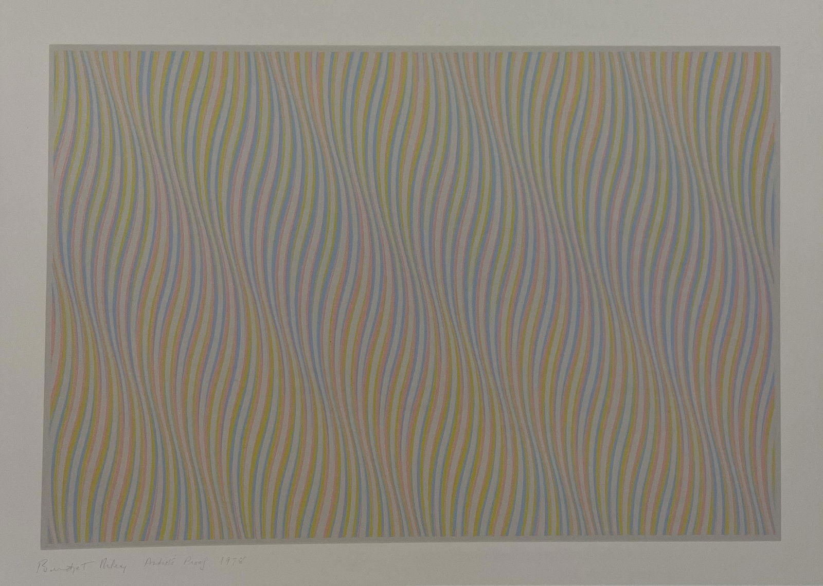 Bridget Riley - Untitled, (Bronze), 1978: BRIDGET RILEY (B. 1931) Untitled, Bronze, 1978 Signed and Dated in the plate Print in Colors 5 1/2" x 8" Mounted to Archival Quality Paper. Verso is blank