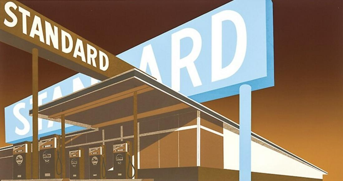 Ed Ruscha "Double Standard, 1969" Offset Lithograph: Ed Ruscha "Standard Station, 1966" Offset Lithograph. Measures (approx): 46.9 x 24.9. Verso is blank.