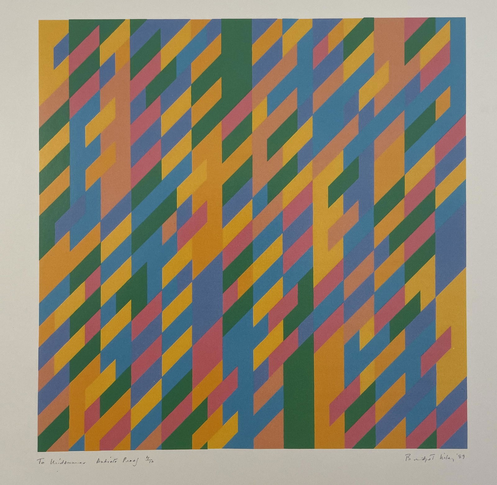 Bridget Riley - To Midsummer, 1989: BRIDGET RILEY (B. 1931) To Midsummer, 1989 Signed and Dated in the plate Print in Colors 7 1/2" x 7 1/2" Mounted to Archival Quality Paper. Verso is blank