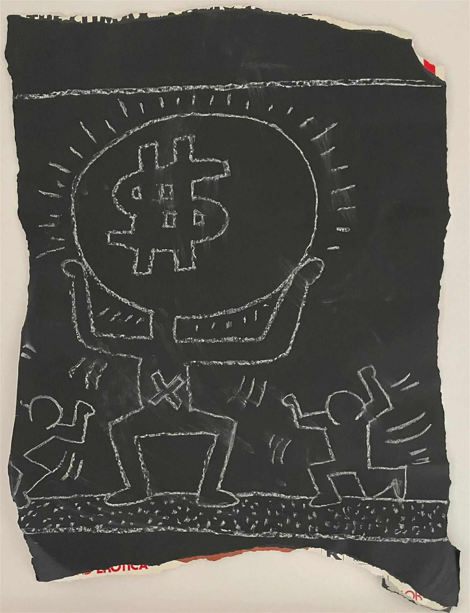 Keith Haring "Money" Subway Drawing: Keith Haring 1980's "Money" Subway Drawing. Measures (sheet, approx): 35 x 26. Has rips, creases, etc. Sold in the style of.