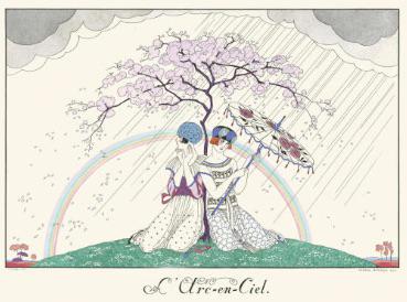 George Barbier "L'Arc-en-Ciel, 1924" Print: George Barbier (1882-1932) was a French illustrator, designer, and fashion artist known for his elegant and sophisticated Art Deco style. He was born in Nantes, France, and studied at the AcadÃ©mie