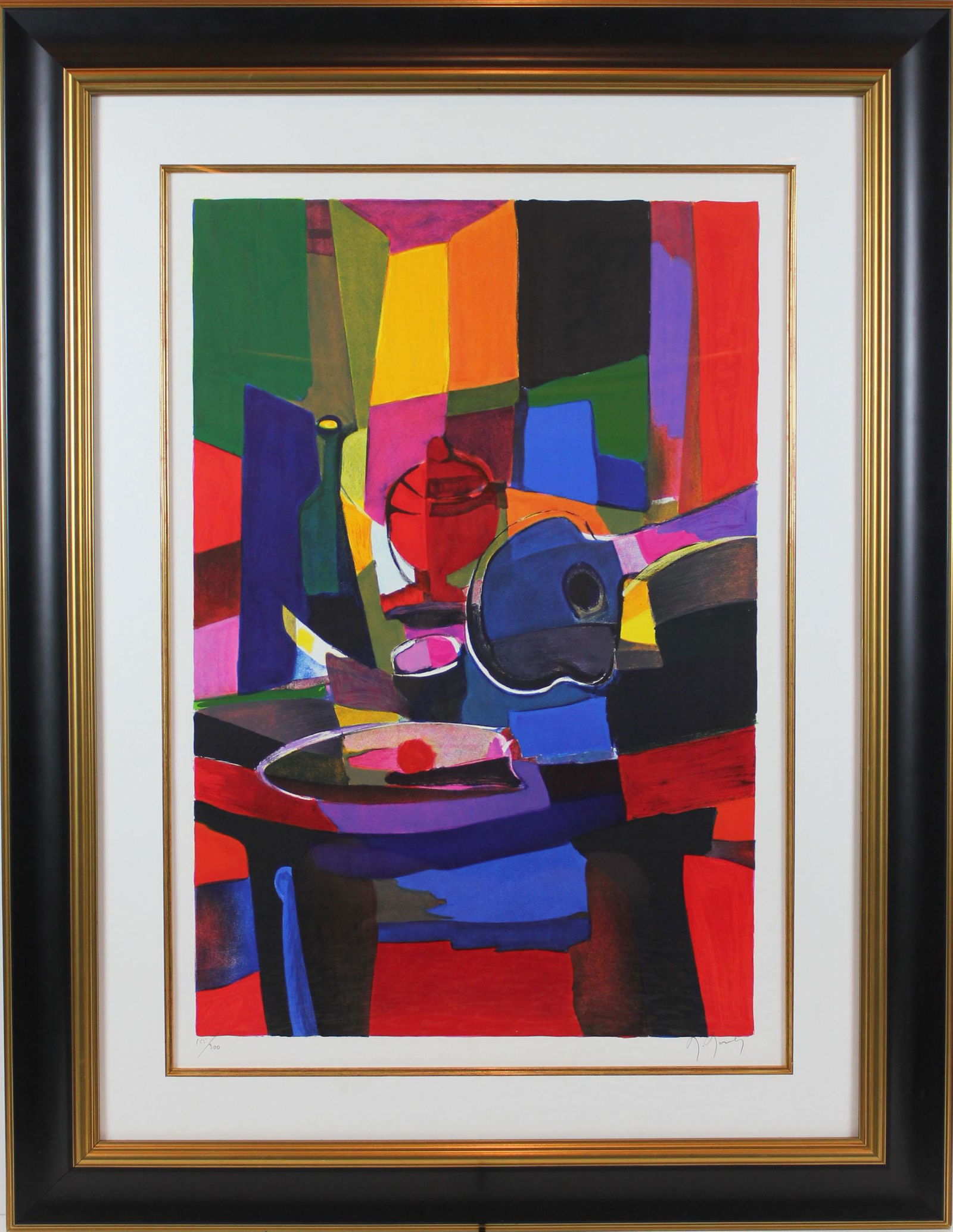 Marcel Mouley - MANDOLE ET COMPOTIER ROUGE - Framed limited Edition Lithograph on Paper: MANDOLE ET COMPOTIER ROUGE by Marcel Mouly. Beautifully framed limited Edition Lithograph on Paper. Hand signed and numbered by Marcel. Edition 155/300. A Gallery COA is included with the artwork. Ima