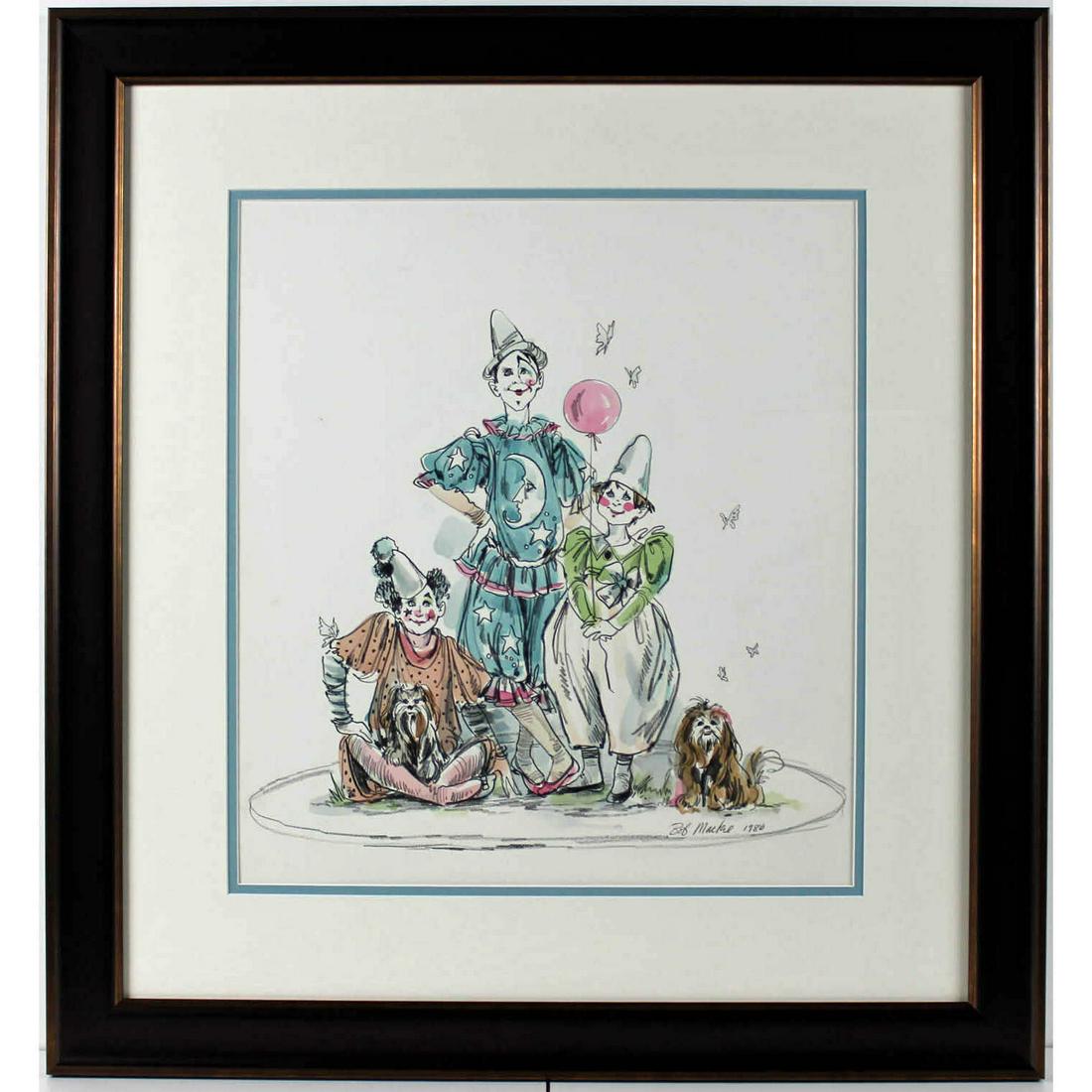 Bob Mackie - Untitled - Three Clowns and a Dog - Framed Original Graphite and watercolor (1 of 2)