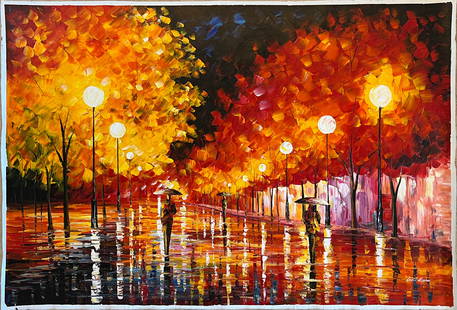 Leonid Afremov - Rainy Night - Oversized, Original Oil Painting on Canvas: RAINY NIGHT by Leonid Afremov is an Original Oil Painting on Canvas by Leonid Afremov. From 2015 - 2017, our retail gallery was Leonid largest USA based gallery. Over that time we acquired the largest