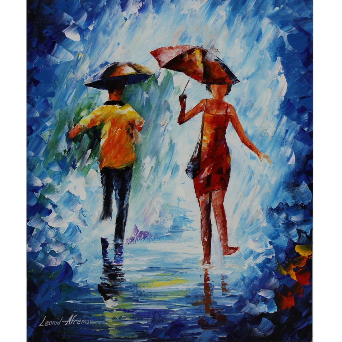 Leonid Afremov - JUMPING IN THE RAIN - Original Oil On Canvas (1 of 1)
