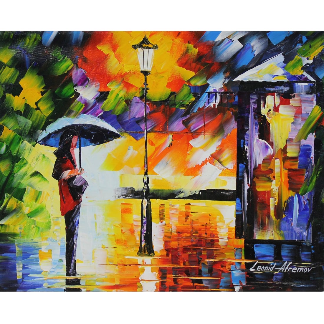 Leonid Afremovs - "GREEN NIGHT" - Original Oil on Canvas: GREEN NIGHT is an Original Oil Painting by Leonid Afremov. The painting will come gallery wrapped and measures 16 x 20. Leonid Afremovâ€™s masterful use of a palate knife and vibrant