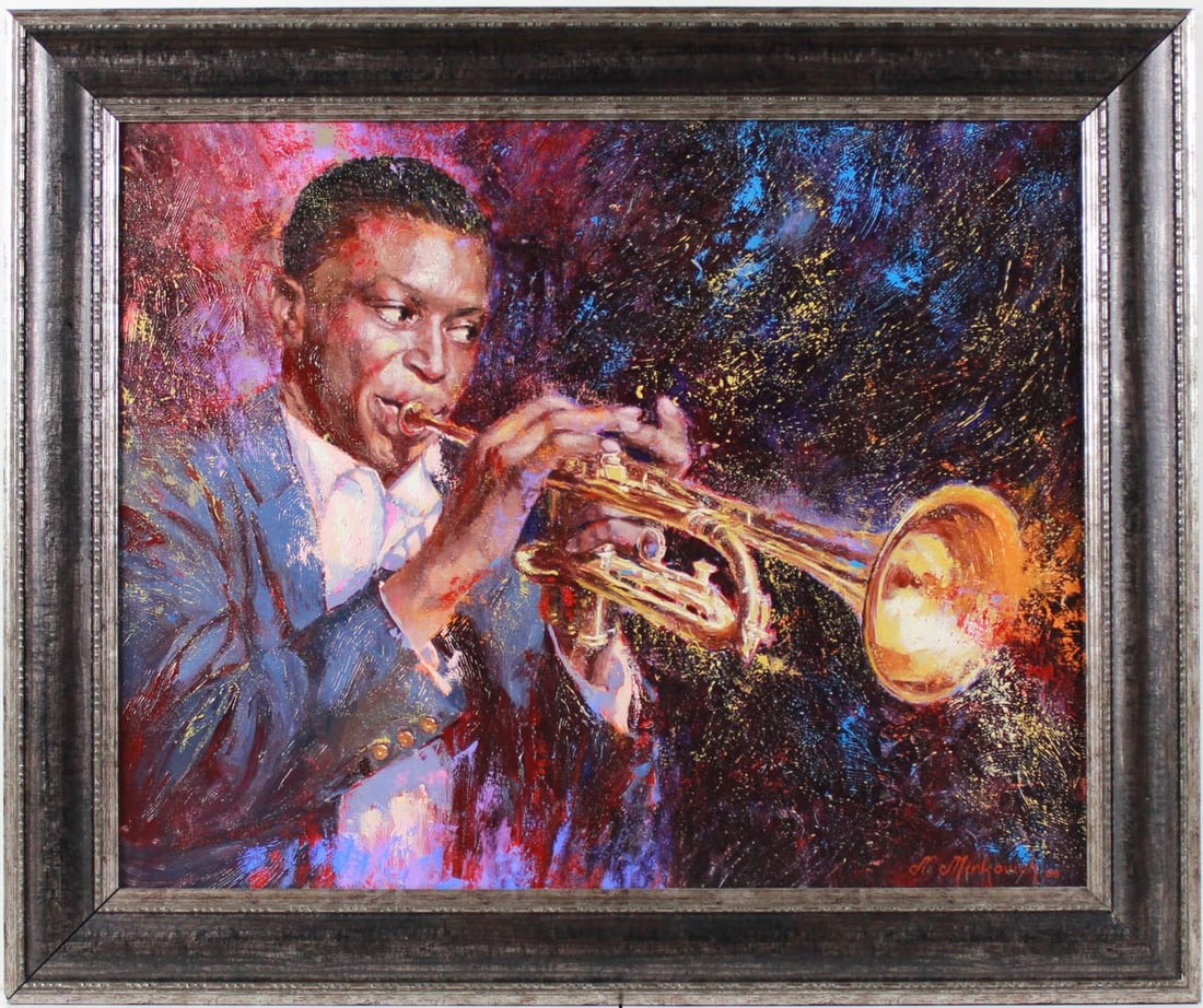 Trumpet Solo (Miles Davis) by Nenad Mirkovich: Trumpet Solo by Nenad Mirkovich is a framed original arylic on canvas. Dimension: 24 x 30. No COA available. Purchased in July of 2008 - copy of original Invoice included with purchase. Referenced as