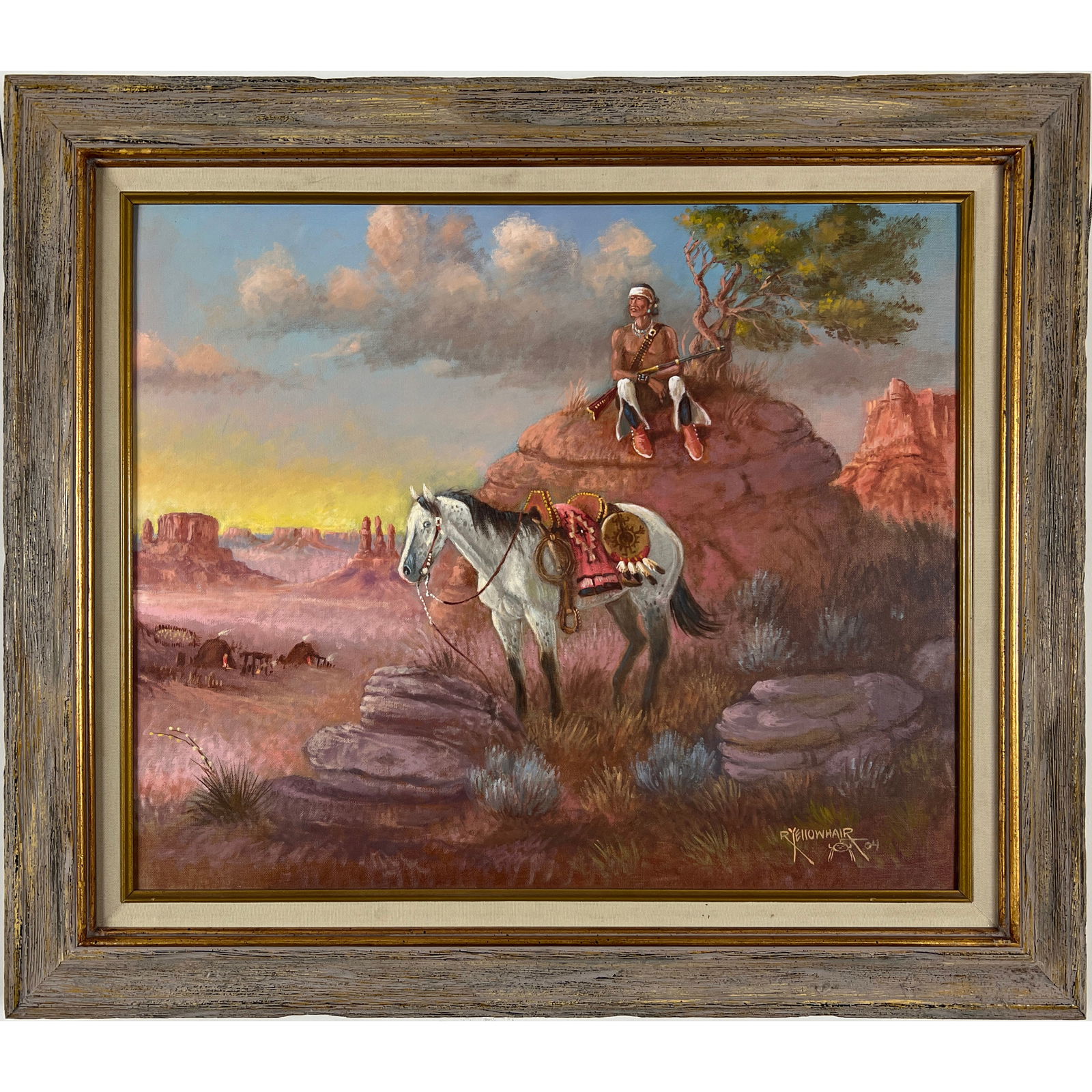 Robert Yellowhair Sr. - "Navajo Look Out" - Framed, Original Oil Painting on Board (1 of 5)