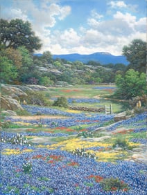 Larry Dyke - Don't Fence Me In - Artist Proof Giclee on Canvas with Texas Bluebonnets galore!