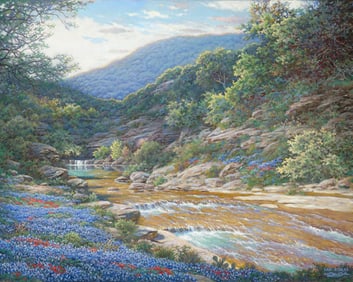 Larry Dyke - Morning at Willow Creek - Limited Edition Giclee on Canvas with Texas Bluebonnets
