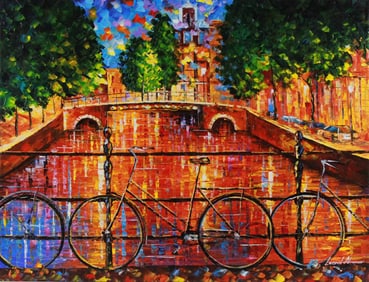 Leonid Afremov - "Amsterdam - The Bridge of Bicycles" - Original Oil on Canvas