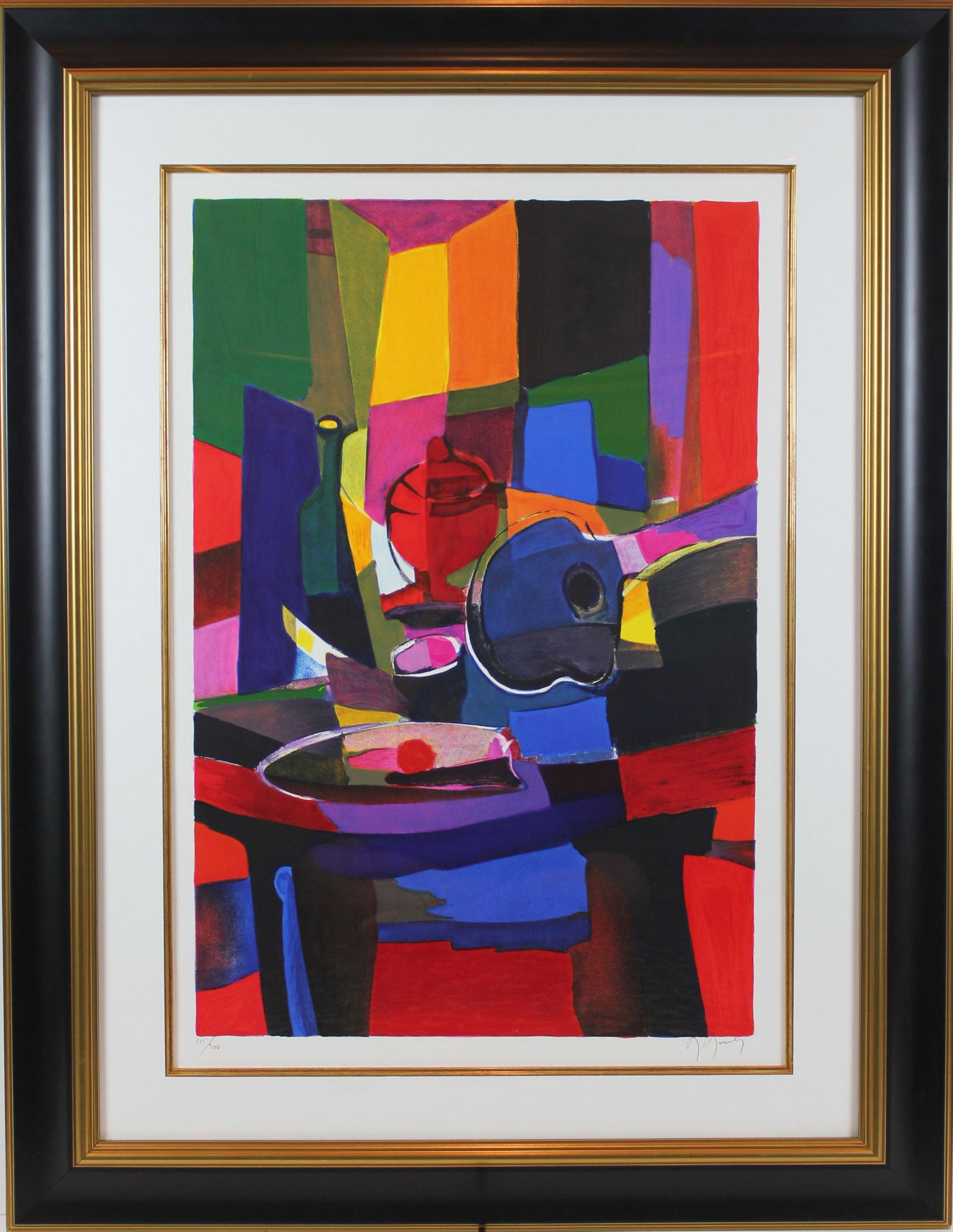 Marcel Mouly - "Mandole et Compotier Rouge" - Limited Edition Lithograph on Paper: MANDOLE ET COMPOTIER ROUGE by Marcel Mouly. Beautifully framed limited Edition Lithograph on Paper. Hand signed and numbered by Marcel. Edition 155/300. A Gallery COA is included with the artwork. Ima