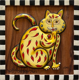 Original New Orleans 3D Yellow "Chili Pepper Kitty" - One cool Cat on Carved Wood