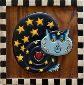 Jamie Hayes - Original 3D New Orleans "Star Kitty" Cat on Carved Wood - One cool cat!