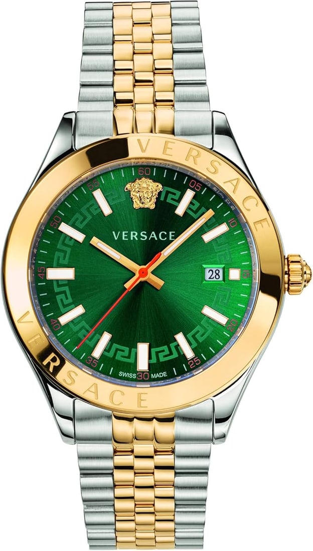 Versace Hellenyium Two-Tone Steel Green Dial Men Quartz Watch - Model VEVK00620 - New in Box: Versace Hellenyium Two-Tone Steel Green Dial Men Quartz Watch VEVK00620. New in Box. Brushed Two Tone Stainless Steel Case & Bracelet. Green Dial with Gold Tone Luninous Hour & Minute Hands. Luminous