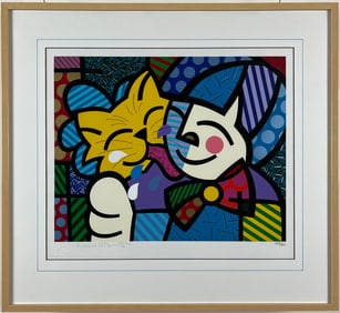 Romero Britto - "Boy and Cat" - Framed, Signed and Numbered Lithograph on Paper - Edition 120/300