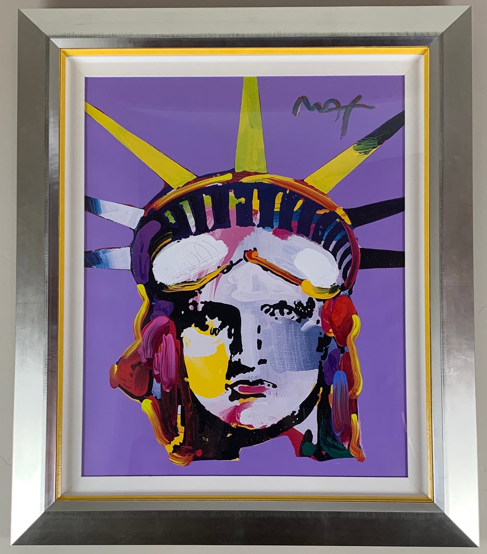 Peter Max - "Delta Poster (Liberty)" - Acrylic on Poster: Peter Max's Delta Poster (Liberty) Purple is a striking example of his signature pop art style, featuring the iconic Statue of Liberty rendered in bold, expressive brushstrokes. The composition bursts