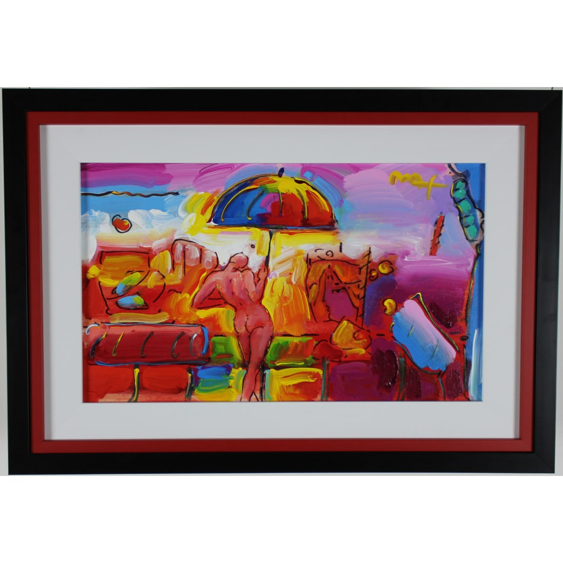 Peter Max - "Nude with Umbrella" - Original Mixed Media on Canvas: Nude with Umbrella by Peter Max is a lovely mixed media on canvas. Image: 12 x 20 with Frame 14 x 24. Peters early Degas style artwork is his most in demand artwork today. And this piece is lovely. It