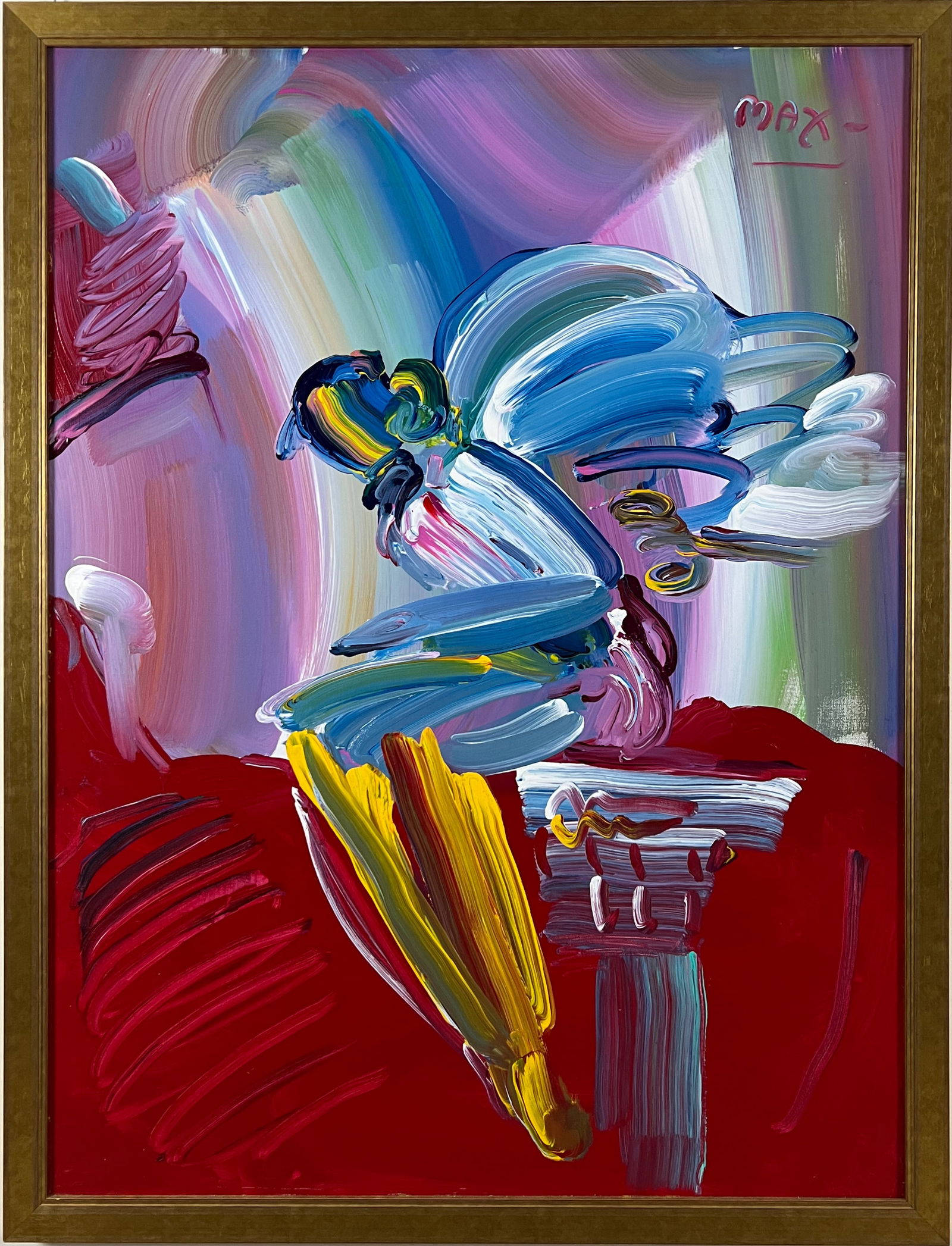 Peter Max - "Sitting Angel" - Original Acrylic on Canvas: Sitting Angel by Peter Max is a captivating blend of spirituality and vibrant expressionism, embodying the artist's distinctive use of bold color and dynamic brushwork.This piece features a stylized a