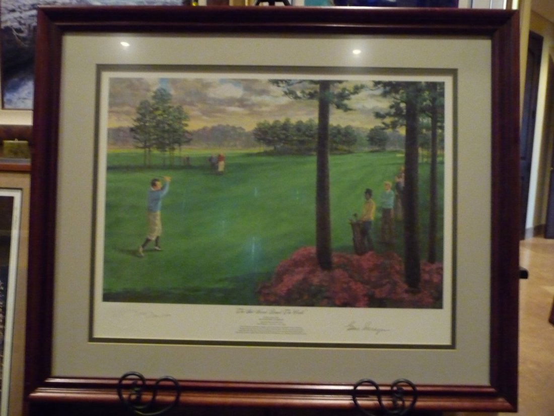 "The Shot Heard Round the World" by Dom Lupo. Double: "The Shot Heard Round the World" by Dom Lupo. Double signed by Lupo and 1935 Master's Champion Gene Sarazan. Framed Dimensions are 28.25 x 34.5. Trailing by three shots in the final round of the then 