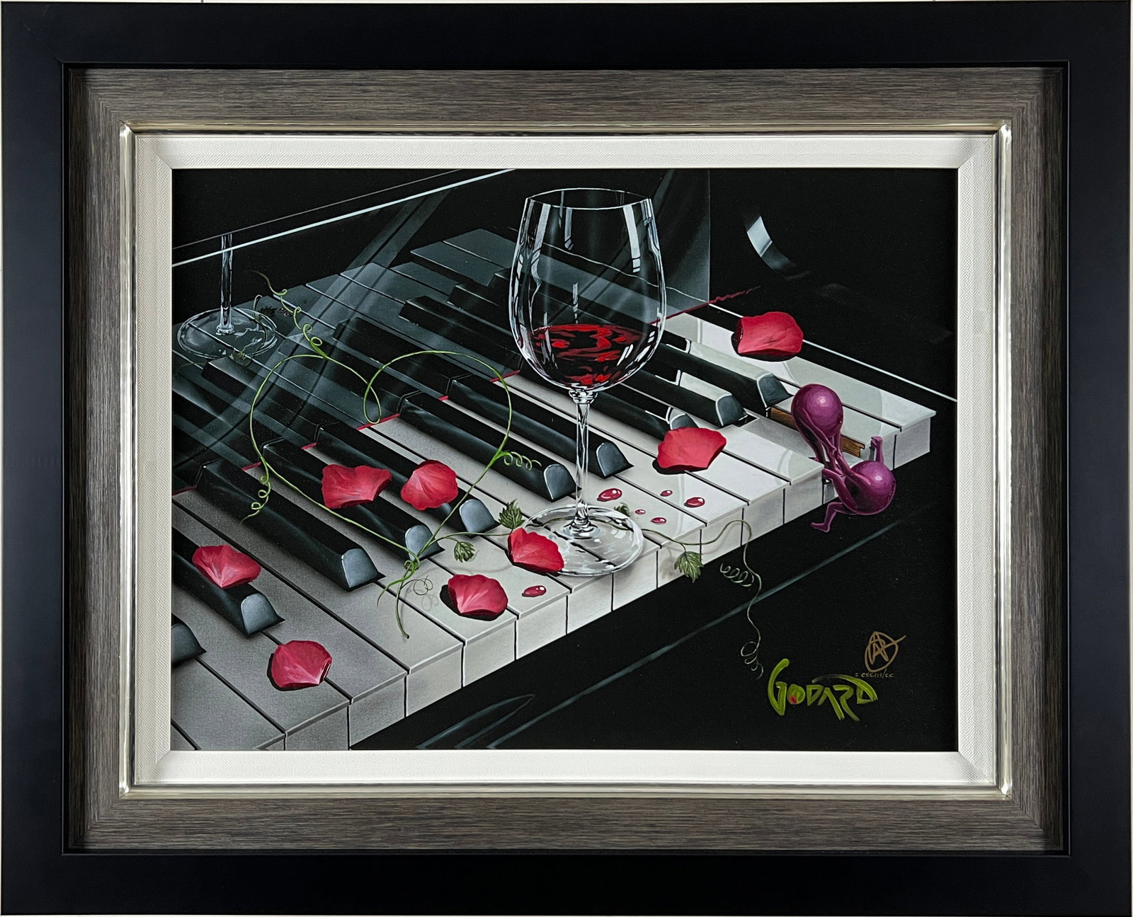 Michael Godard - "Piano Keys" - Limited Edition, Hand Embellished, Giclee on Canvas: Michael Godard - " Piano Keys" - Framed Giclee in color with hand-embelishment on Canvas with Park West COA. Created in 2021. Image dimensions are 16 x 21.5 inches. Freshly framed in a wonderful conte