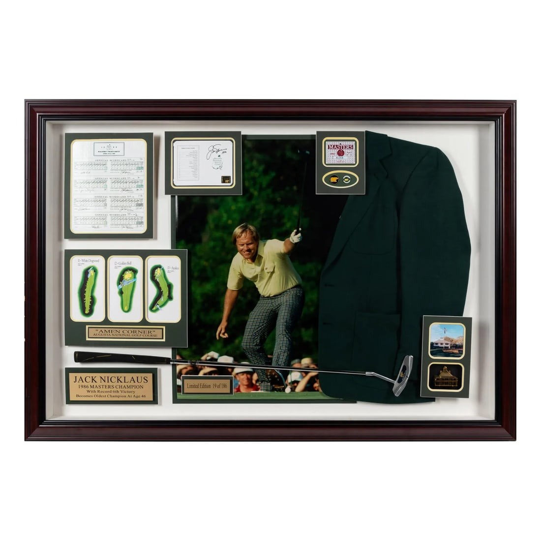 Jack Nicklaus - "Jack Nicklaus Signed Autograph 1986 Masters Presentation Formerly Displayed at Mike: Jack Nicklaus Signed 1986 Masters Presentation ? Limited Edition #19 of 186 (Provenance: Mike Ditka's Restaurant). Framed Dimensions: 52 _ x 36 _ inches | Hand-Signed by Jack Nicklaus Celebrate one of
