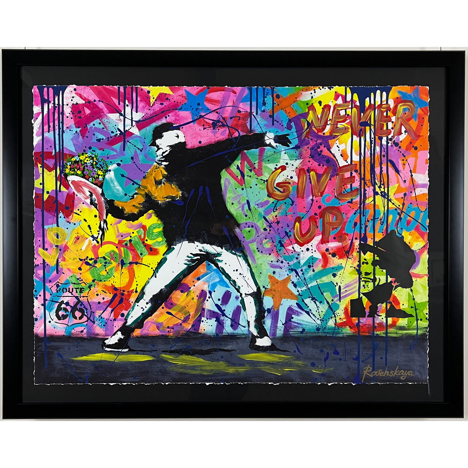 Nastya Rovenskaya - "Throwing Flowers" - One of a Kind Mixed Media on Deckle-edge Paper: Throwing Flowers is a one-of-a-kind mixed media on deckle edge paper by Nastya Rovenskaya, Hand signed by the artist. This piece comes floating in a custom frame. Includes Letter of Authenticity. Meas