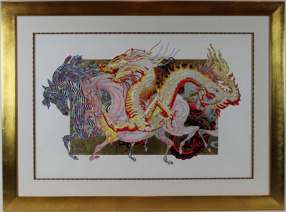 Guillaume Azoulay - Le Dragon D'or - Framed Limited Edition Print with hand-laid Gold Leaf: Le Dragon D'ore (white paper)" by Guillaume Azoulay. Media: limited edition serigraph on heavy white artist paper. Image Dimensions: 37 x 23 inches. Framed Dimensions 52.5 x 39 inches. Year Produced: 