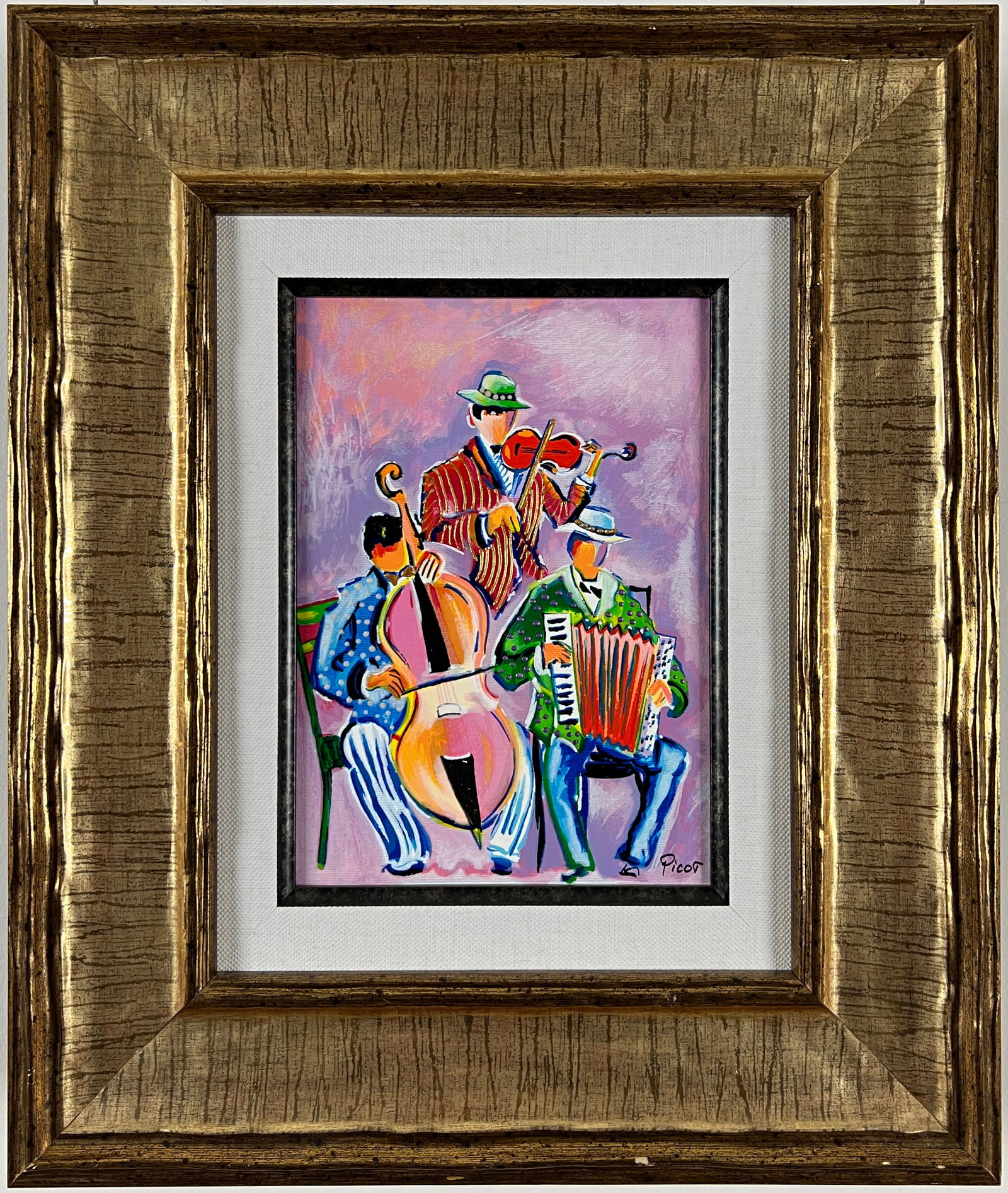 Jean-Claude Picot - Musiciens Italiens - Framed Hand-embellished serigraph in color on Canvas (1 of 3)