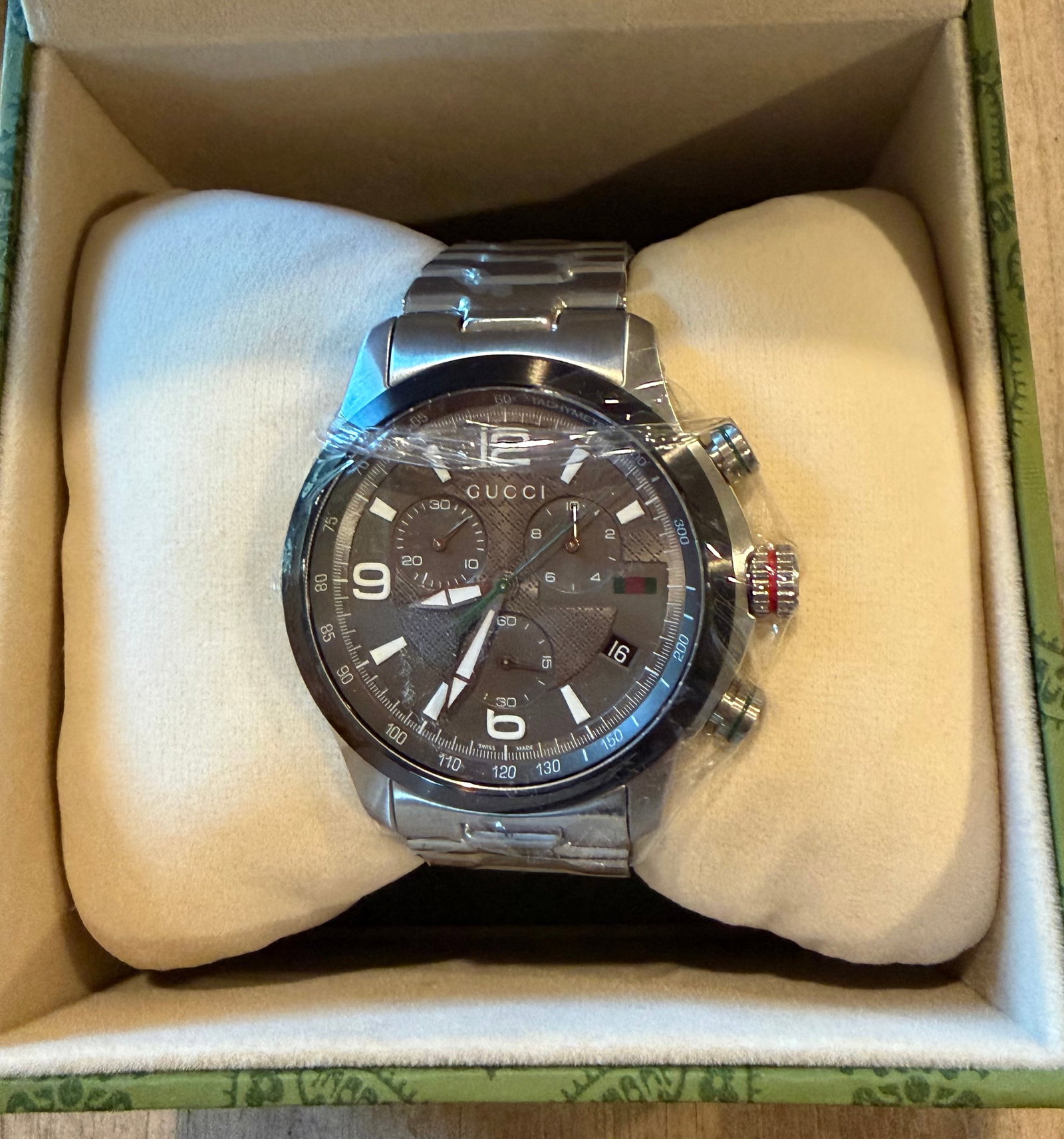 Gucci G-Timeless 44mm Men's Anthracite Grey Dial Chronograph Watch Model YA126238: Gucci G-Timeless 44mm Men's Anthracite Grey Dial Chronograph Watch Model YA126238. Stainless steel case and bracelet. Fixed stainless steel bezel. Grey dial with silver-tone hands and index hour marke