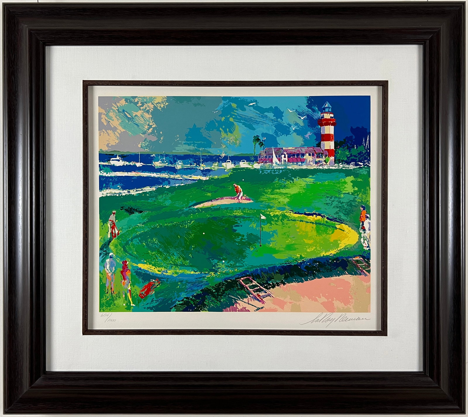 LeRoy Neiman - 18th at Harbour Town - Framed Limited Edition Serigraph on Paper - From the Golf: LeRoy Neiman's 18th at Harbortown is a vibrant and energetic depiction of one of golf's most picturesque finishing holes. Using his signature bold brushstrokes and dynamic color palette, Neiman captur