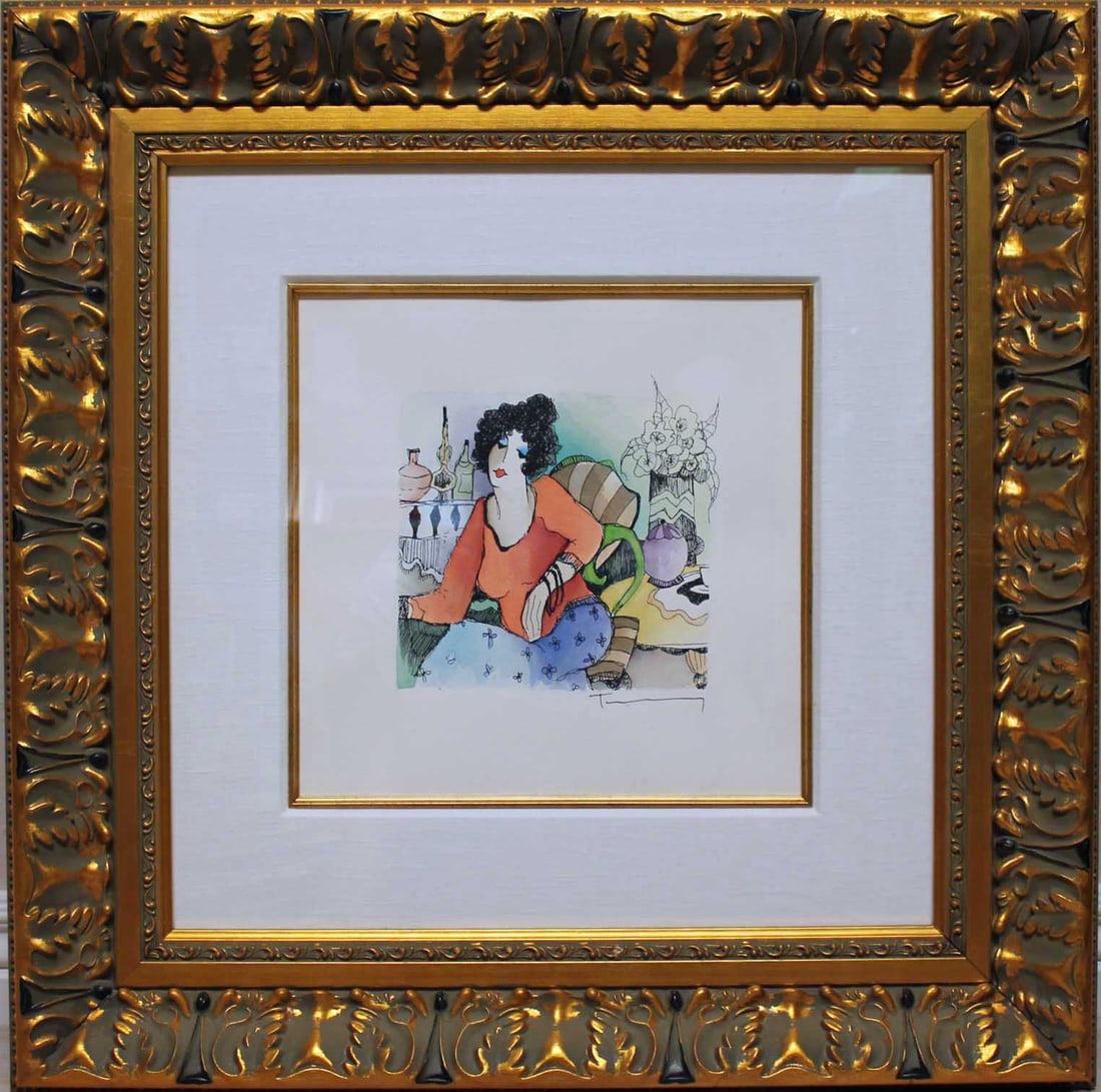 Itzchak Tarkay - "New Spaces" - Mixed Media wth Watercolor and Drawing on wove paper: New Spaces by Itzchak Tarkay is a mixed media with watercolor on wove paper. Signed in ink. A unique work. This wonderful unique piece was painted in 2008 and is elegantly framed like only Park West G
