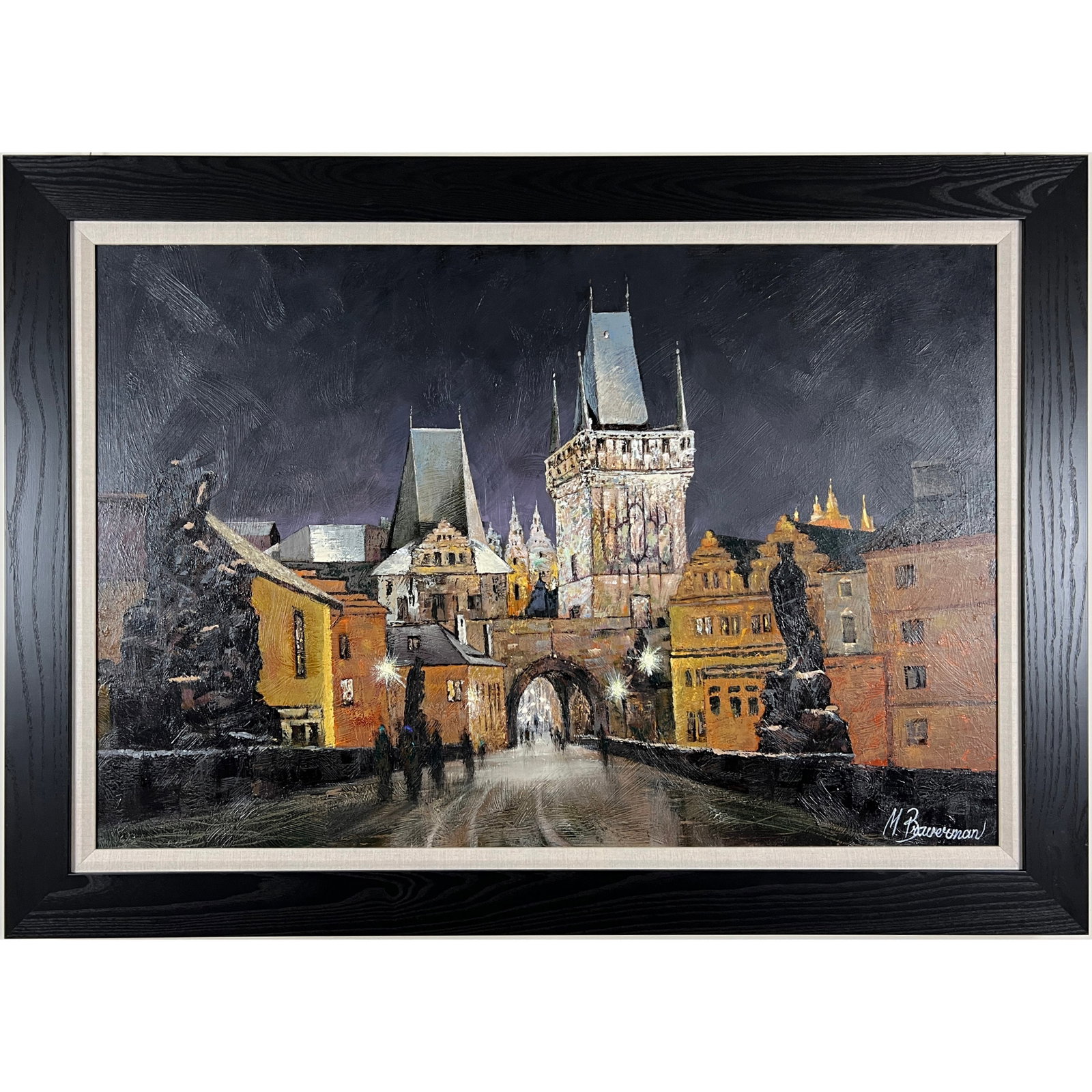 Mark Braver's "Gateway to Prague (St. Charles Bridge)" is a framed, original oil painted: Gateway to Prague (St. Charles Bridge) by Mark Braver Original Oil on Canvas | Image: 36" x 48" | Framed: 55.25" x 39.875" Step into the heart of historic Europe with Gateway to Prague (St. Charles Br