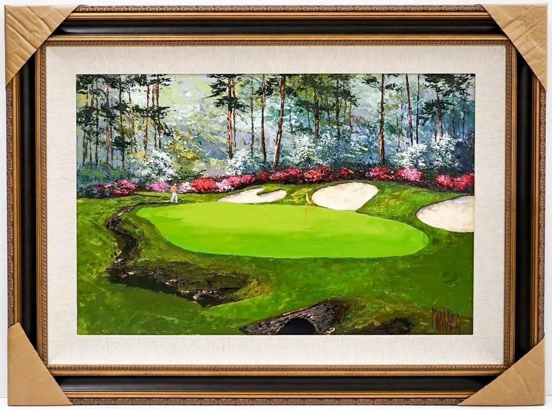 Mark King - "Augusta #13 - Azaela Hole" - Original Oil on Canvas: Mark King Original Oil Painting on Canvas titled "Augusta Hole #13 - Azaela Hole". Signed lower right on front. Gallery framed. Image measures 24-in. x 36-in. Framed Dimensions are 36 in. x 48 in. Inc