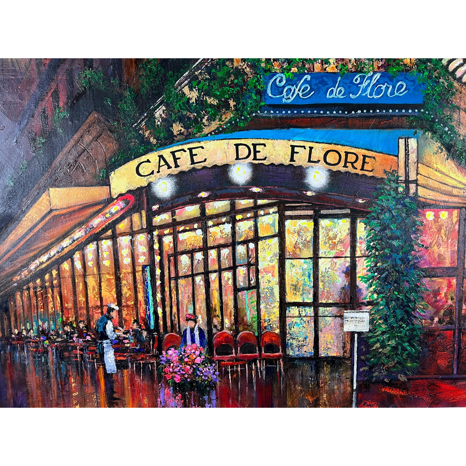 Mark Braver - "Cafe de Flore la Nuit" - Original Oil on Canvas: Cafe de Flore la Nuit is a framed original oil painted by Mark Braver. The artwork is from a new series that Mark is painting for our gallery entitled Beautiful Europe. This magnificent oil painting m