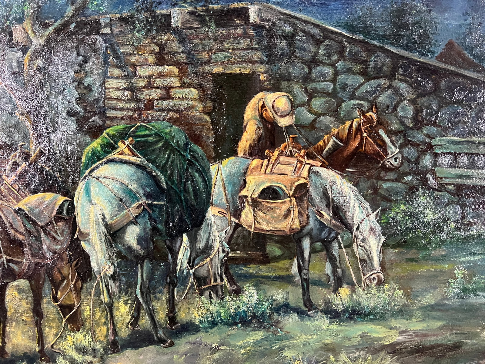 C Niblett (20th Century) - Untitled - Framed Original Western Oil Painting on Canvas: C Niblett (20th Century) - Untitled - Framed Original Western Oil Painting on Canvas. This is a spectacular western painting reminiscent of G. Harveys Line Shack Cowboys. This piece, as did Harvey's t