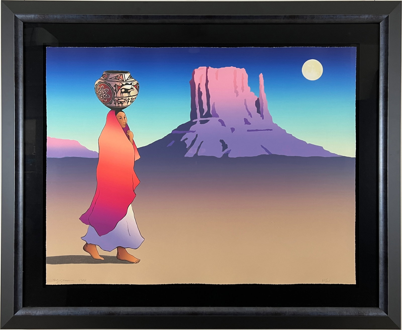 RC Gorman - "Moonrise" - Limited Edition Serigraph on Paper: MoonriseBy R.C. Gorman | Limited Edition Serigraph on Paper | Image: 39" x 30" | Framed Dimensions: Contact GalleryR.C. Gorman's Moonrise is a masterful portrayal of the timeless bond between Native c