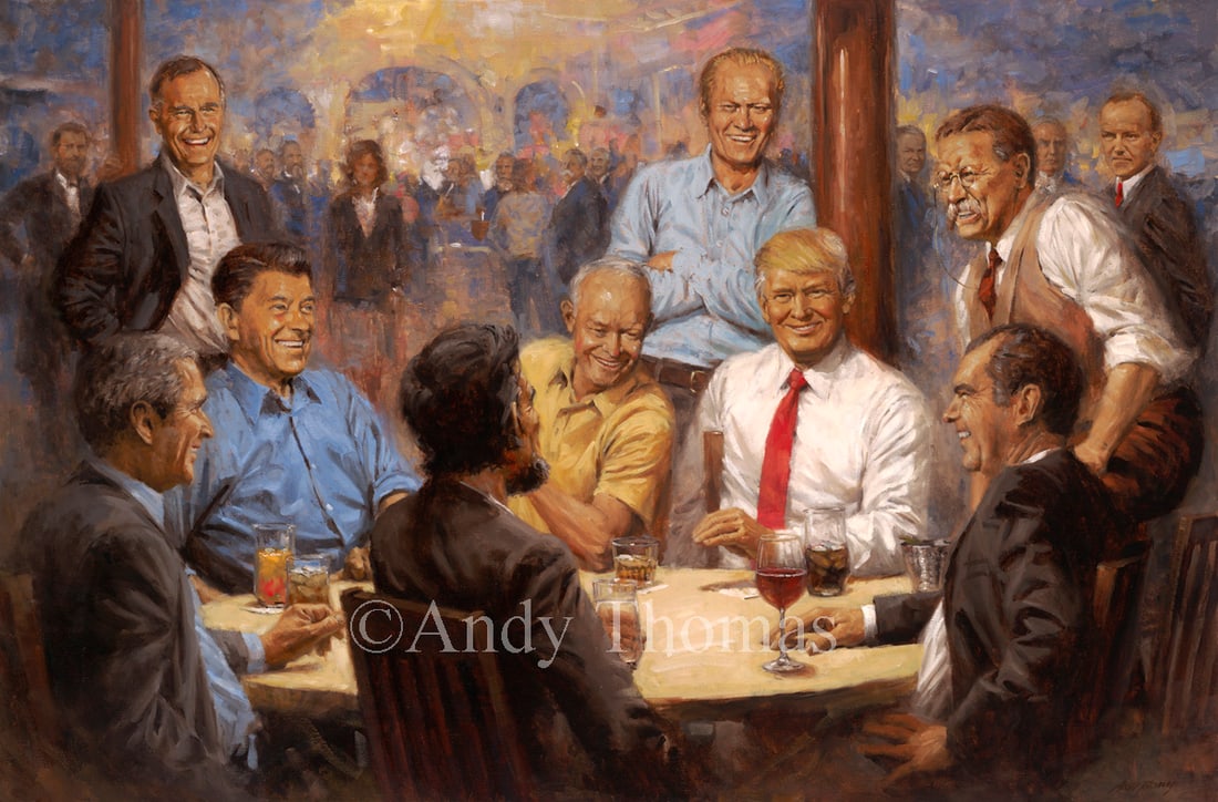Andy Thomas - Republican Club - Tribute Edition Giclee on Canvas: The Republican Club by Andy Thomas is a Giclee on Canvas published in 2018. Our piece is from the Tribute Edition and will measure 30 x 45 when stretched. It is a wonderful portrait of the Republican 
