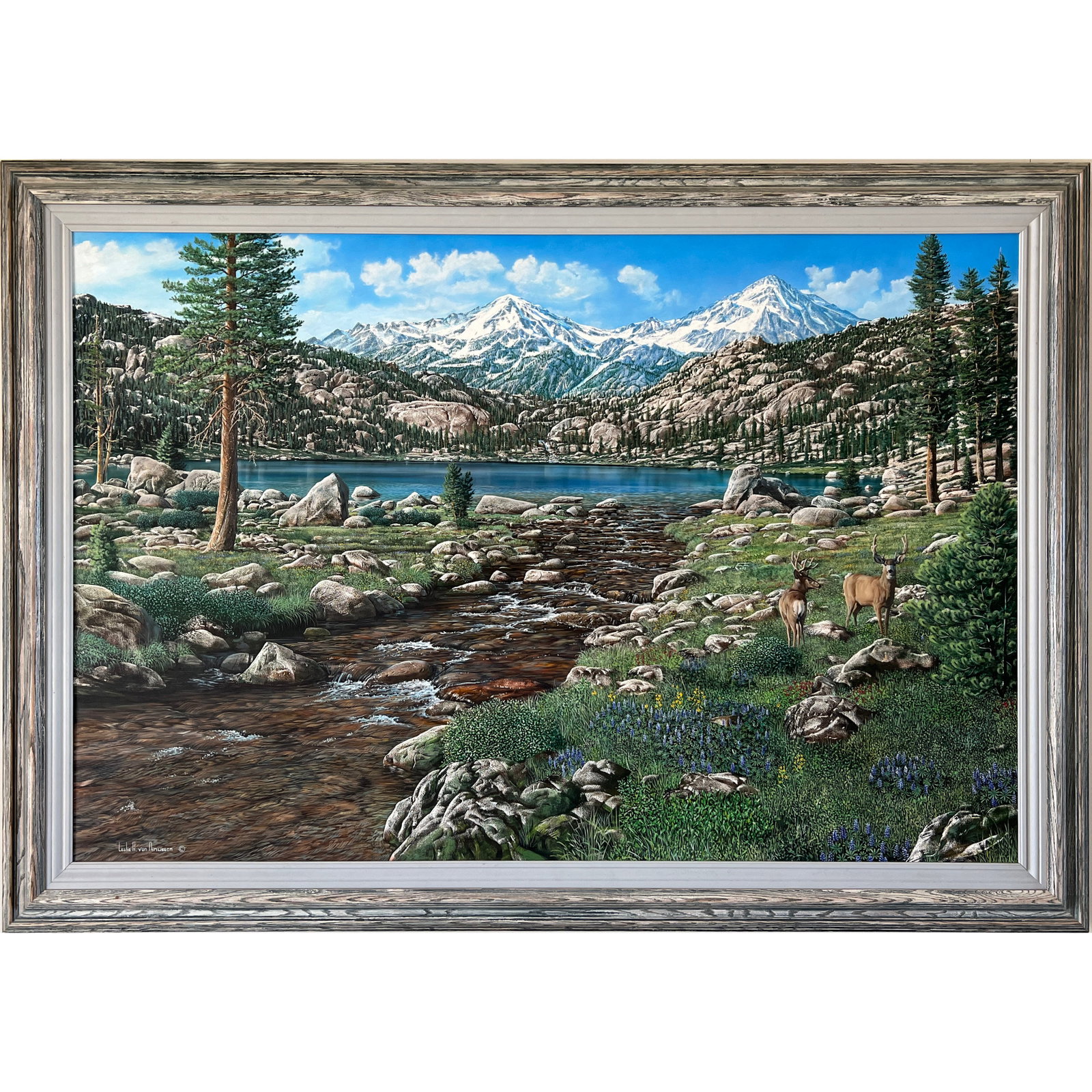 Leslie Van Nimwegen - "Spring Landscape with Deer" - Original Oil on Wood Panel: Experience the tranquil majesty of the American wilderness with "Spring Landscape with Deer" by Leslie Van Nimwegen. This original oil on wood panel painting is a masterclass in natural realism, captu