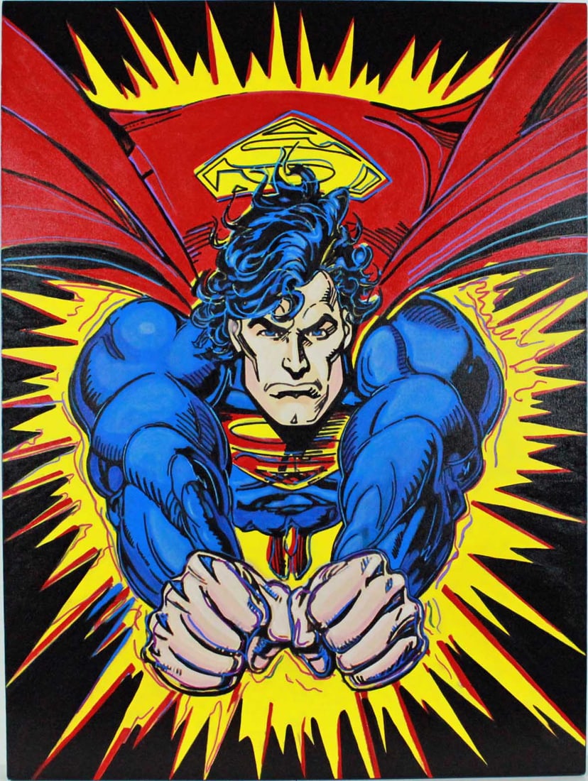 Steve Kaufman - "Superman - Burst" - Silkscreen on Canvas: SUPERMAN BURST BY STEVE KAUFMAN is a limited edition mixed-media painting. It is from the edition of 195. It is an incredibly rare work by Kaufman. No two are the same as Kaufman has UNIQUELY hand pai